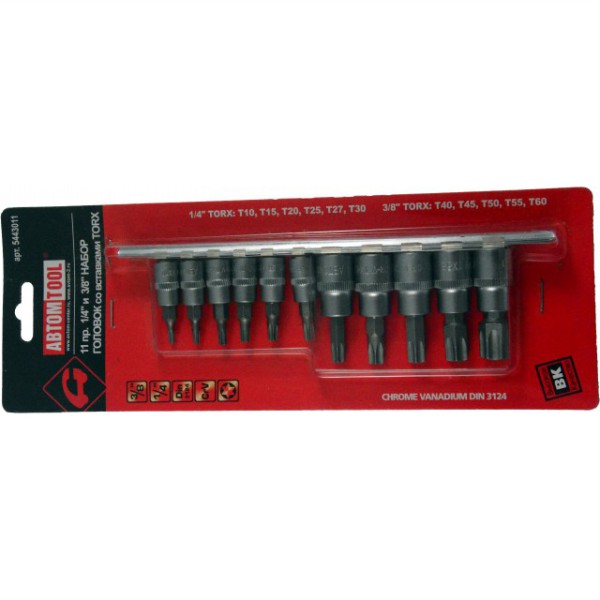 Набор бит-вставок на планке 11 предметов (АвтомTool: 1/4"+ 3/8", Т10-Т60, CrV)