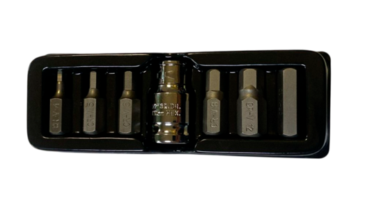 Набор головок со вставками-битами (АвтомTool: 7 предметов: 4, 5, 6, 8, 10, 12 мм, адаптер, 1/2"х 3/8", HEX, 6-гран), артикул: 54770